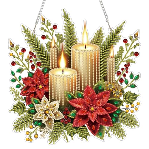 GHHKUD Weihnachtskerzen Diamond Painting Fensterbilder Beidseitige, Diamond Painting Anhänger mit Kette, Diamant Malerei Bilder Kristall Fensterbilder, Wandbehang Kits für Fenster Wand Decor