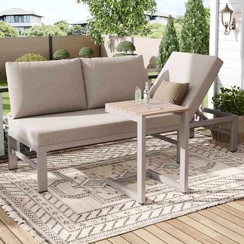 Merax Gartenmöbel Set, Outdoor Sofa 3-Sitzer mit Tisch, verstellbare Rückenlehne 5-stufig bis 55°, verzinkter Stahlrahmen, Sitzkissen rutschfest, für Garten Terrasse Balkon, Khaki