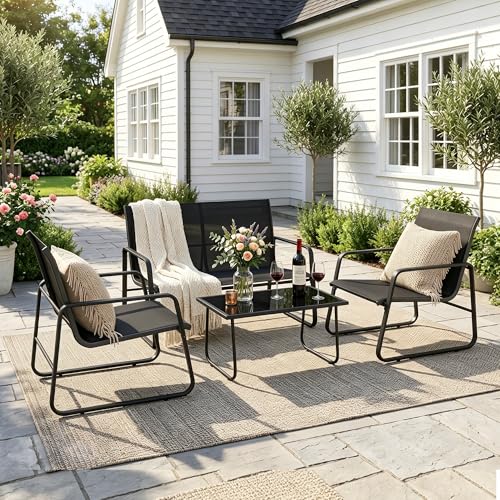 2026 Aufwertung 4-teiliges Garten Terrassen-Sitzset, Außenmöbel-Set mit Zweierstuhl, Zwei Einzelsitze, Tisch aus gehärtetem Glas, atmungsaktives Textilene und Stahlgestell für Balkon Terrasse Garten