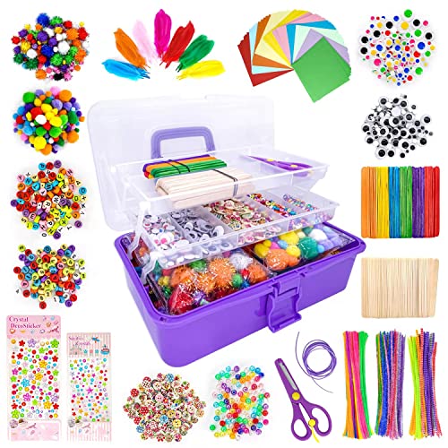 LINAYE DIY Bastelbedarf für Kinder 3500+Pcs Bastelset in Faltbare Aufbewahrungsbox Gehören Bastelpapier Federn Pfeifenreiniger Pompons Basteln Geschenk für Geburtstag,Weihnachten,Kindertag(Lila)