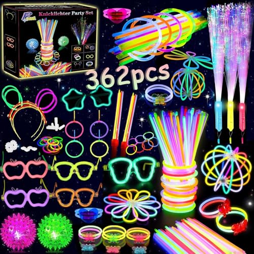 zycBernoi 362 Stück Knicklichter Party Set, LED Leuchtstab Glasfzaser mit 200 Verbinder, LED Igelball, Leuchtstäbe, Brille, Armreif, Leuchtspielzeug für Kinder Erwachsene Party Deko