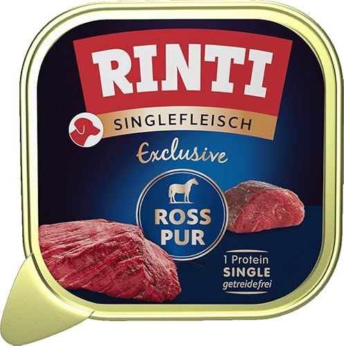 RINTI - Singlefleisch Exclusive | Nassfutter mit 100% Rossfleisch für Sensible, ausgewachsene Hunde. Alleinfutter in Schälchen ohne Getreide und künstliche Zusätze | 10x150g Ross Pur