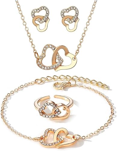 FDEETY 4 Stück Doppelherz Schmuckset Halskette Ohrringe Armband Ring Kristall Damen Schmuck Herzanhänger Hochwertig Elegant Schmuckkollektion