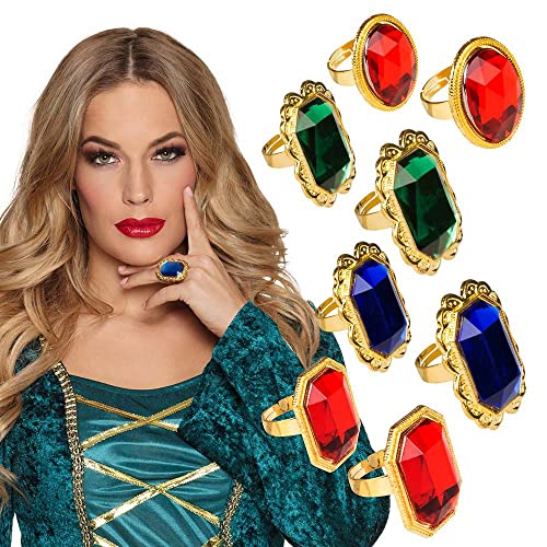 Boland 00636 - 8-teiliges Ringe-Set, Modeschmuck mit farbigen Steinen, Gold, in der Größe verstellbar, Kaiser, König, Märchen, Accessoire, Kostüm, Karneval, Mottoparty