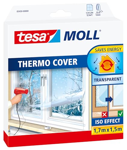 tesa tesamoll Thermo Cover Fenster-Isolierfolie - Transparente Isolierfolie zur Wärmedämmung an Fenstern - Inklusive praktischer Klebelösung - 1,7 m x 1,5 m