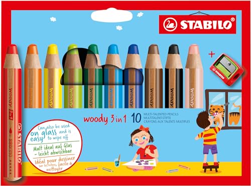 STABILO - Buntstift, Wasserfarbe & Wachsmalkreide - woody 3 in 1-10er Pack mit Spitzer