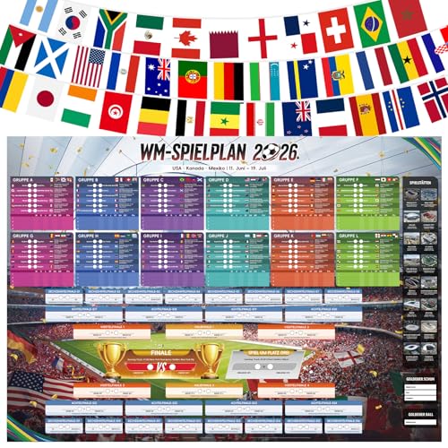 AhfuLife 48 Länder Fahnen Wimpelkette und Fussball Spielplan Poster, 14x21cm Doppelseitig Länderflagge und 100 x 70cm Groß WM Fussball Planer für Deko Fußball Party Restaurant Bar (Deutsch, CEST)