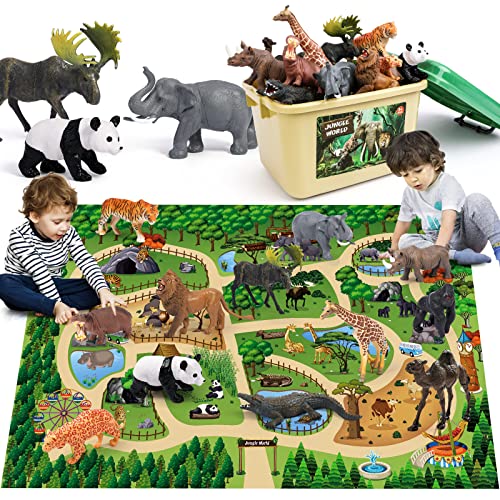 FRUSE Tiere Figuren Spielzeug mit 145x98cm Aktivität Spielmatte,12 Stück Realistische Tierfiguren mit Löwe,Tiger,Elefant,Safari Tiere Figuren Lernspielzeug Geschenke für Kinder Jungen Mädchen