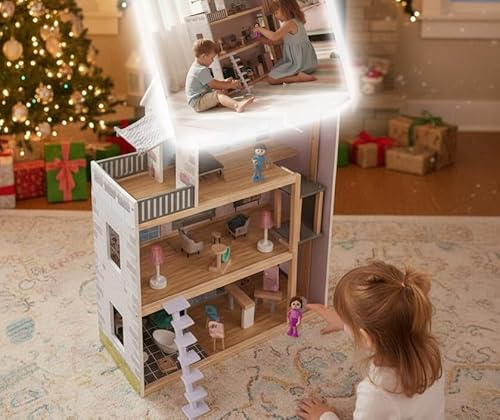 Puppenhaus aus Holz, 3 Etagen, mit Spielfiguren Möbel Treppe und Aufzug, offene Front, Villa, Spielzeug für Kinder ab 3 Jahre