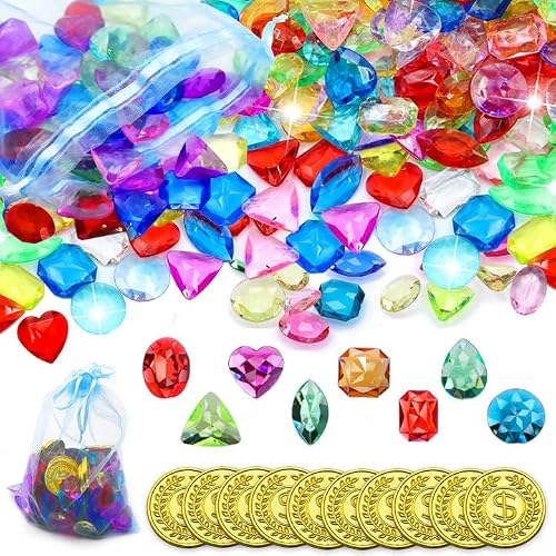 PXBSNB Edelsteine für Kinder, 100 Stück Bunte Acryl Diamanten, Transparent Diamantkristalle Deko mit 10 Goldmünzen, Kristalle für Piraten Schatzsuche Kindergeburtstag Hochzeit Vase Tischdeko