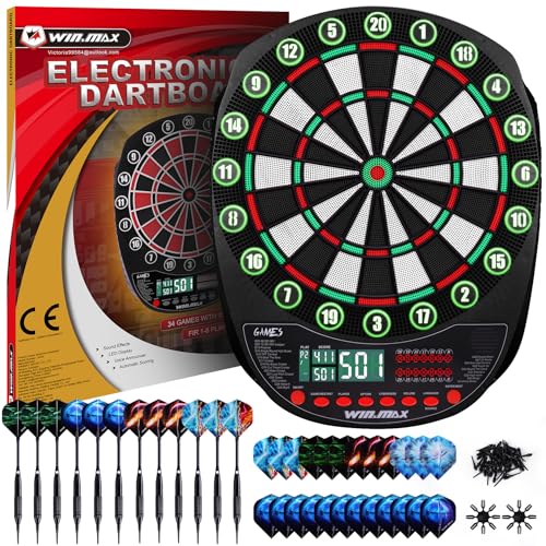 WIN.MAX Elektronische Dartscheibe Profi Set 34 Games mit 354 Varianten 3 Sprachen: Deutsch, Englisch, Französisch Grün und Rot mit Lichtern