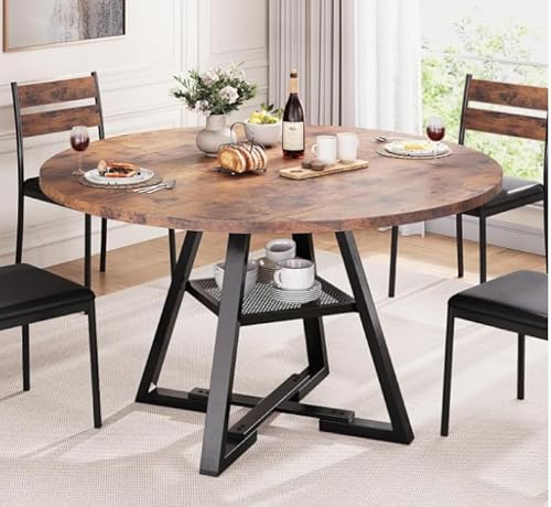Henunem Runder Esstisch 4-6 Personen Holz 120cm Tisch Rund Küchentisch Esszimmertisch Esstische mit 1 Offenen Ablagen für Esszimmer, Küche, Wohnzimmer, Dunkel + Khaki (120×75m)