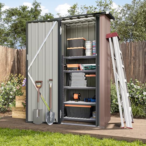 Aoxun Metall Gerätehaus 88x61x164cm Geräteschuppen mit Pultdach Stark & Rostfrei Abschließbarer Tür Gartenhaus Outdoor Garten Schuppen Schrank für Hinterhof Außenbereich Dunkelgrau,Braun