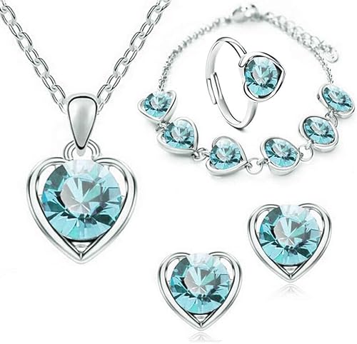 TOFBS 4 Stück Herz Kristall Schmuck Set Anhänger Halskette Armband Ohrringe und Ringe Set für Frauen Mädchen Brautschmuck Set Schmuckset (Violett)