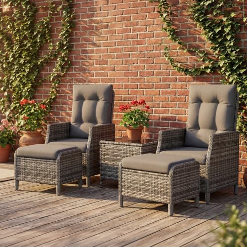 UDPATIO Rattan Gartenmöbel Set 5-teilig mit Verstellbaren Sessel, Fußhocker und Couchtisch | Lounge Möbel Outdoor Set | Balkonmöbel Kleiner Balkon | Wetterfest Terrassenmöbel | Dunkelgrau