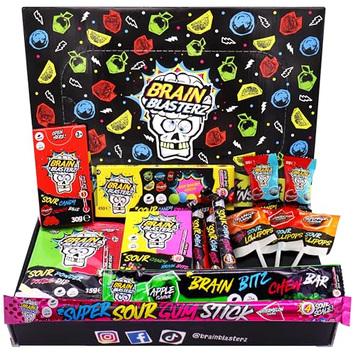 Brain Blasterz Sour Candy klein Geschenkbox, Brain Breakerz, Kauriegel, Lollipops, Sauerkergummi, Apfel, Erdbeere, Wassermelone, Cola, Zitrone, Orange, Halloween Süßigkeiten