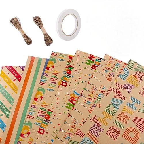 6STK Geschenkpapier Geburtstag mit Kordel, Geburtstagspapier Recycelbares Kraftpapier mit Ballon & Konfetti Motiven Happy Birthday Geschenkpapier (70x50cm)