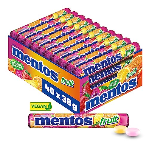 Mentos Fruit Dragees, Frucht-Bonbons mit Orange, Zitrone, Erdbeere, Kaubonbons mit fruchtigem Geschmack, Süßigkeiten Multipack (40 Rollen), vegan