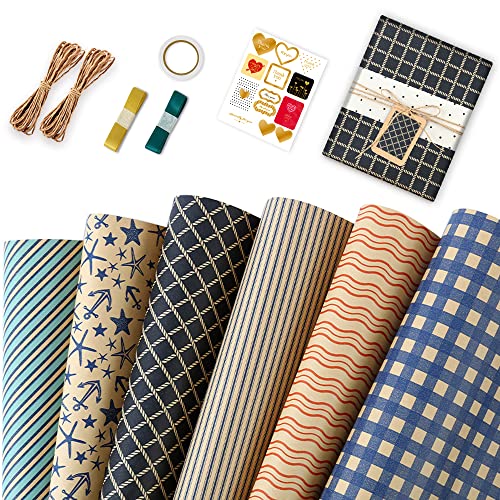Geschenkpapier Set, 6 Stück Geschenkpapier Geburtstag Kraftpapier Geschenkpapier mit Schnur und Anhängern Weihnachtspapier für Geschenkverpackung Hochzeit Weihnachten Party Deko, 70x 50cm