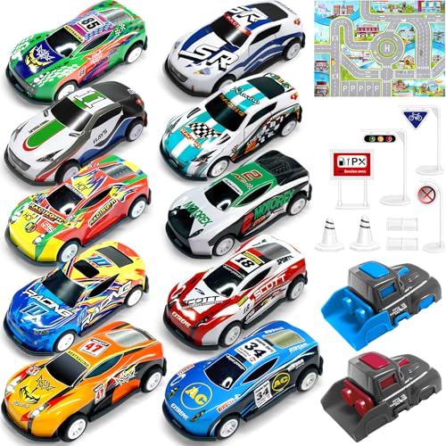 TOYABI Auto Spielzeug Set, 10 Stück Spielzeugautos Metall mit spielteppich & Katapult, Kleine Spielzeugauto, Autos Zurückziehen Fahrzeuge, Geburtstag Geschenk für Kinder ab 3 4 5 6 7 8 Jahre