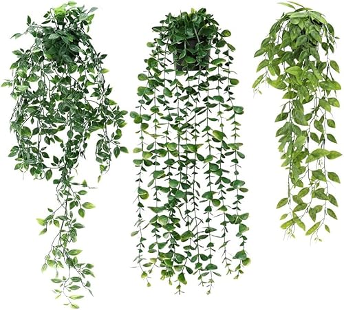 Mkitnvy 3 Stück Künstliche Hängepflanzen Eukalyptus, Kunstpflanze ,Pflanzen in Iebensechter Optik als Hängepflanze,Lang Wartungsfreie Efeu,für Garten Hochzeit Party Wanddekoration