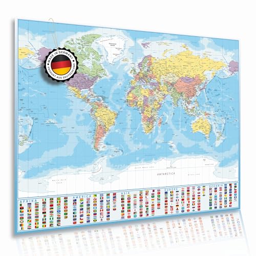 Lineo Weltkarte Poster XXL Groß - Weltkarte Wand mit Flaggen 120x84 cm Landkarte Welt Reisekarte | Weltkarte Deutsch Kinder | Made in Germany