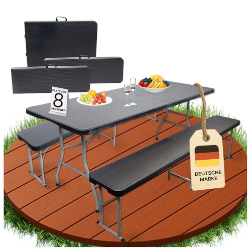 novaterra® Bierzeltgarnitur 3-teilig Set Tisch & 2X Bank | Buffettisch für draußen Gartengarnitur klappbar 183x76x74cm Kunststoff Klapptisch Rattan-Look Gartentisch Inkl Abdeckung & Tragegriffe