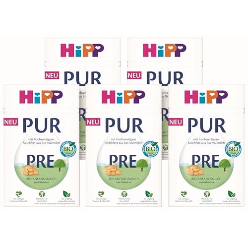 HiPP PRE PUR Anfangsmilch (5 x 500g), von Geburt an, mit hochwertigem Milchfett aus Bio-Vollmilch, ohne Palmöl, nur Lactose, mit wichtigen Vitaminen & Nährstoffen, vollmundig im Geschmack