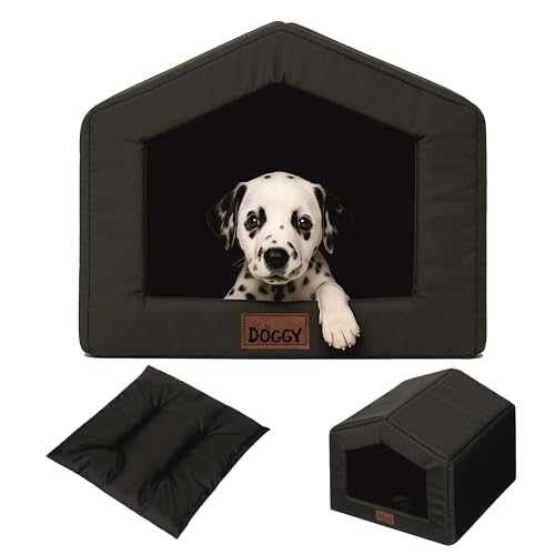 PillowPrim Hundehütte Katzenhaus mit Abnehmbarem Kissen - Wasserdicht Wetterfester - Haustierhaus Warmes Und Gemütliches - Hundebett mit Dach - 54x58 cm - Schwarz