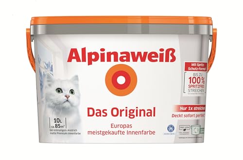 Alpinaweiß Das Original – optimal deckende und ergiebige weiße Wandfarbe – mit Spritz-Schutz-Formel – 10 Liter