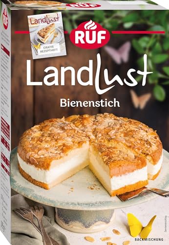 RUF Landlust Bienenstich Backmischung, Rührkuchen mit Bourbon-Vanillecreme & karamellisierter Mandeldecke, Florentiner Mix, schnelle & einfache Zubereitung, inkl. Rezeptheft