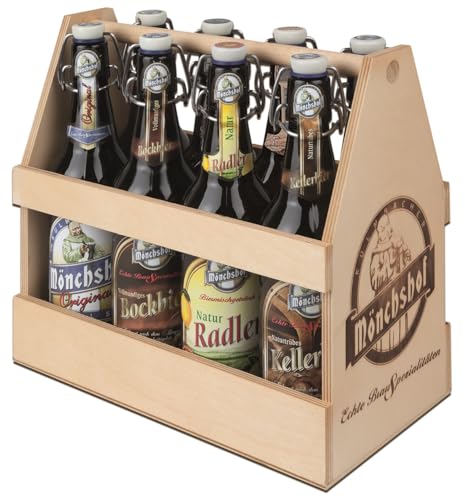 Mönchshof Bierprobe 8er Holz-Tragerl, Biergeschenk (8 x 0,5 l) Bügelflasche