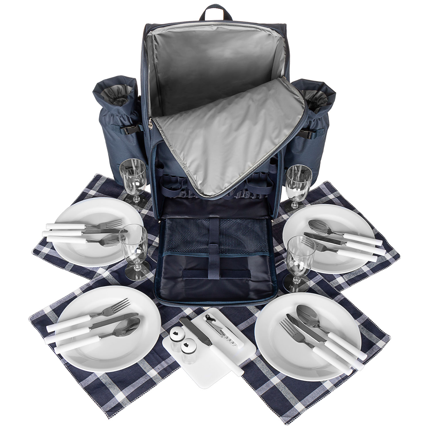 anndora Picknick Rucksack für 4 Personen - blau navy - 4 Teller Gläser besteck und Isolierfach