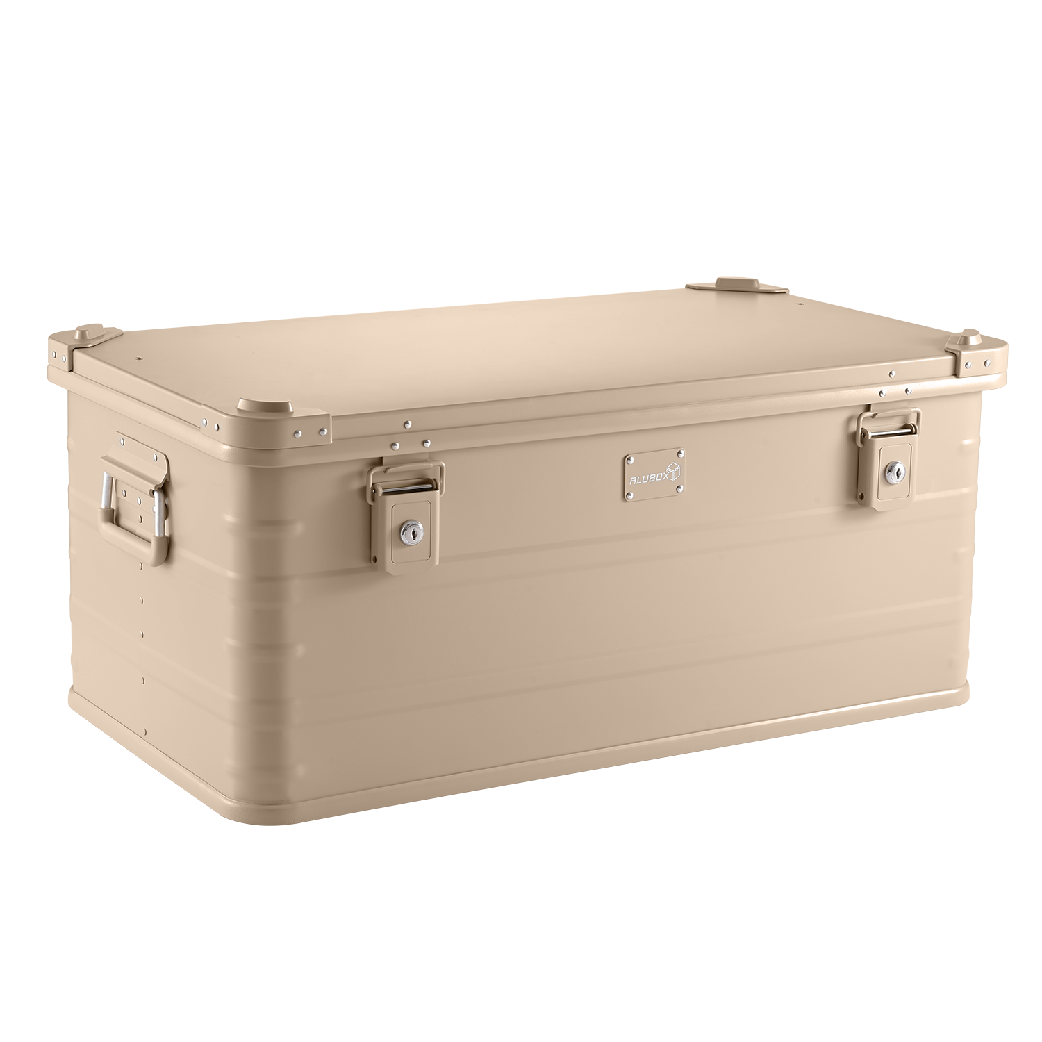 Robuste ALUBOX 92-Liter Alukiste in Beige-Sandfarbe: Ideal für Outdoor, Transport von Ausrüstung und Camping