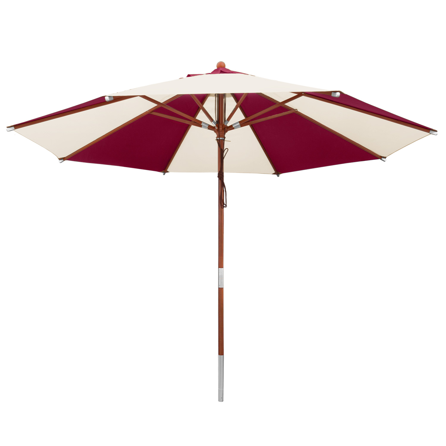 anndora-Sonnenschirm mit Holz 3m 50cm rund Natural Burgundy gestreift Beach Muster