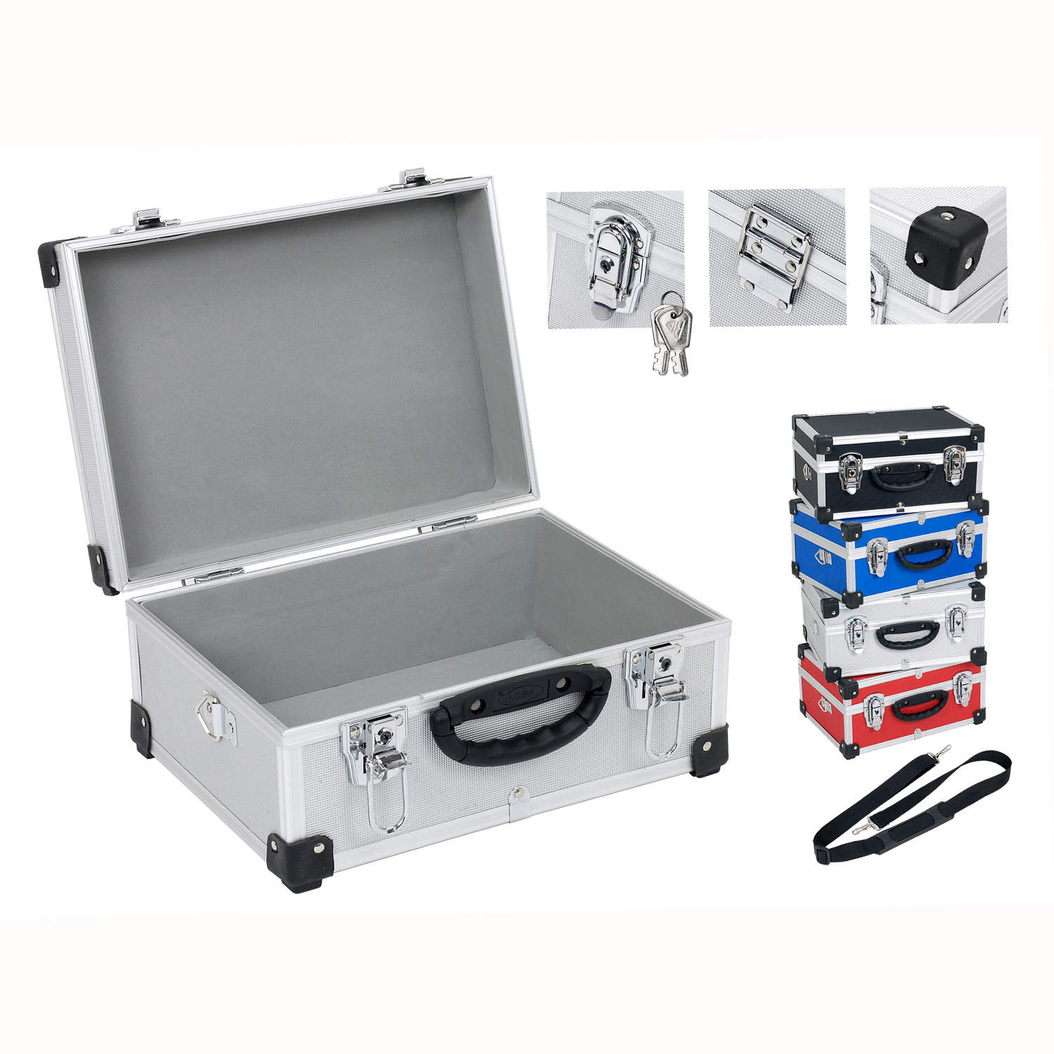 4 x Werkzeugkoffer anndora aus Aluminiumrahmen, mit hochwertigen Stoßkanten gepolstert. Blau rot schwarz Silber Set zum Sparpreis -jeweils mit Tragegurt
