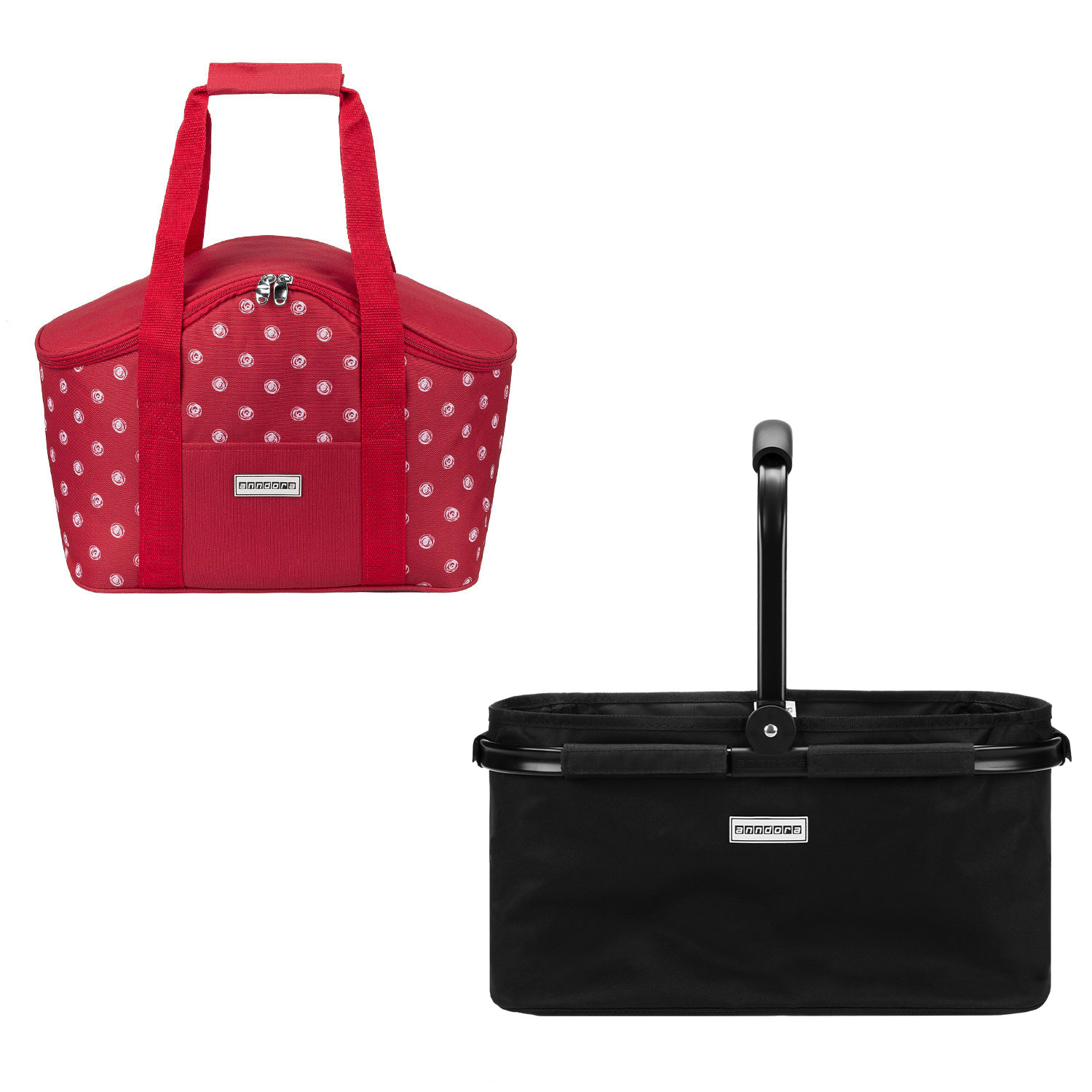 Einkaufskorb schwarz + Kühltasche rot weiß gepunktet