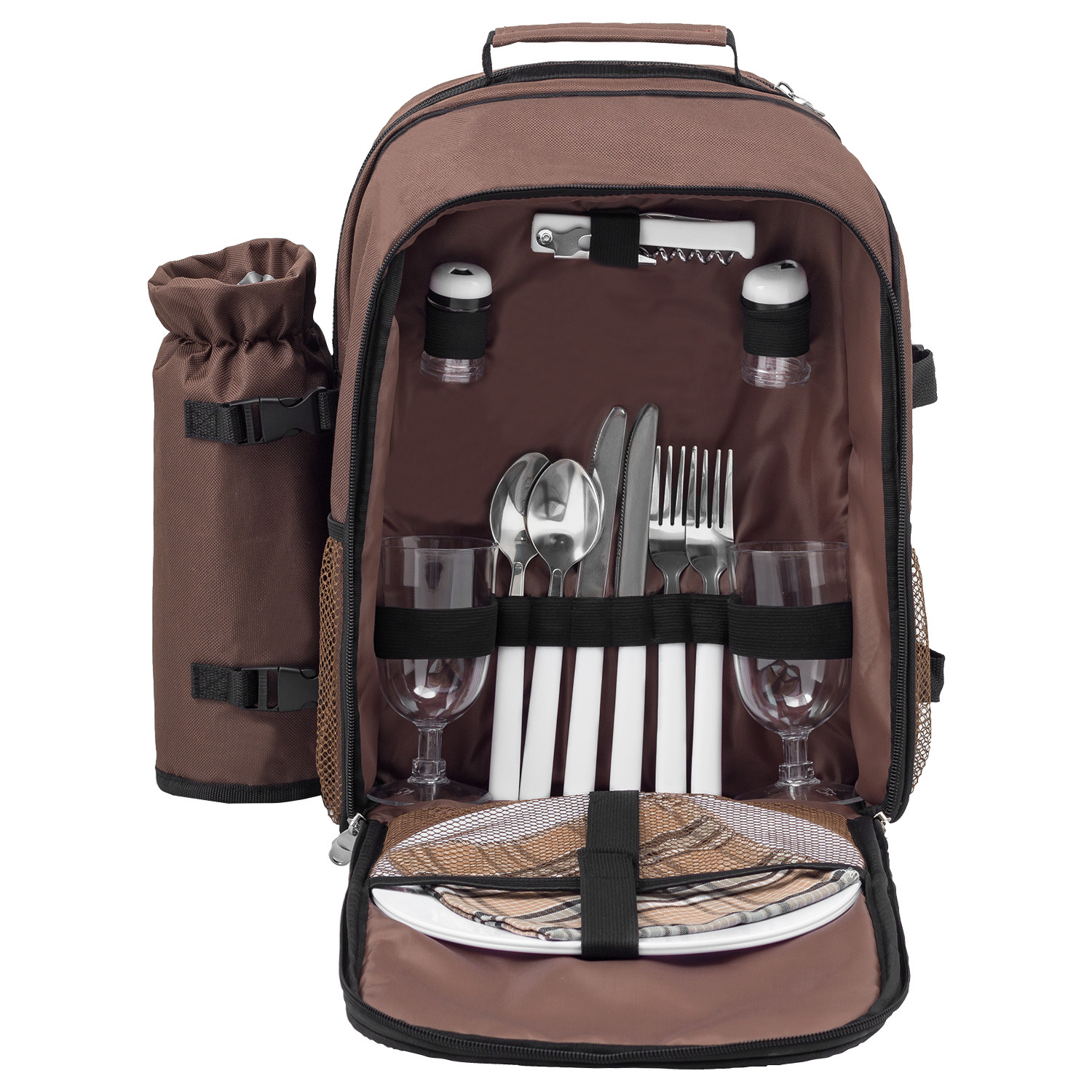 anndora Picknickrucksack Rucksack braun retro + Geschirr Kunststoff - 2 Personen