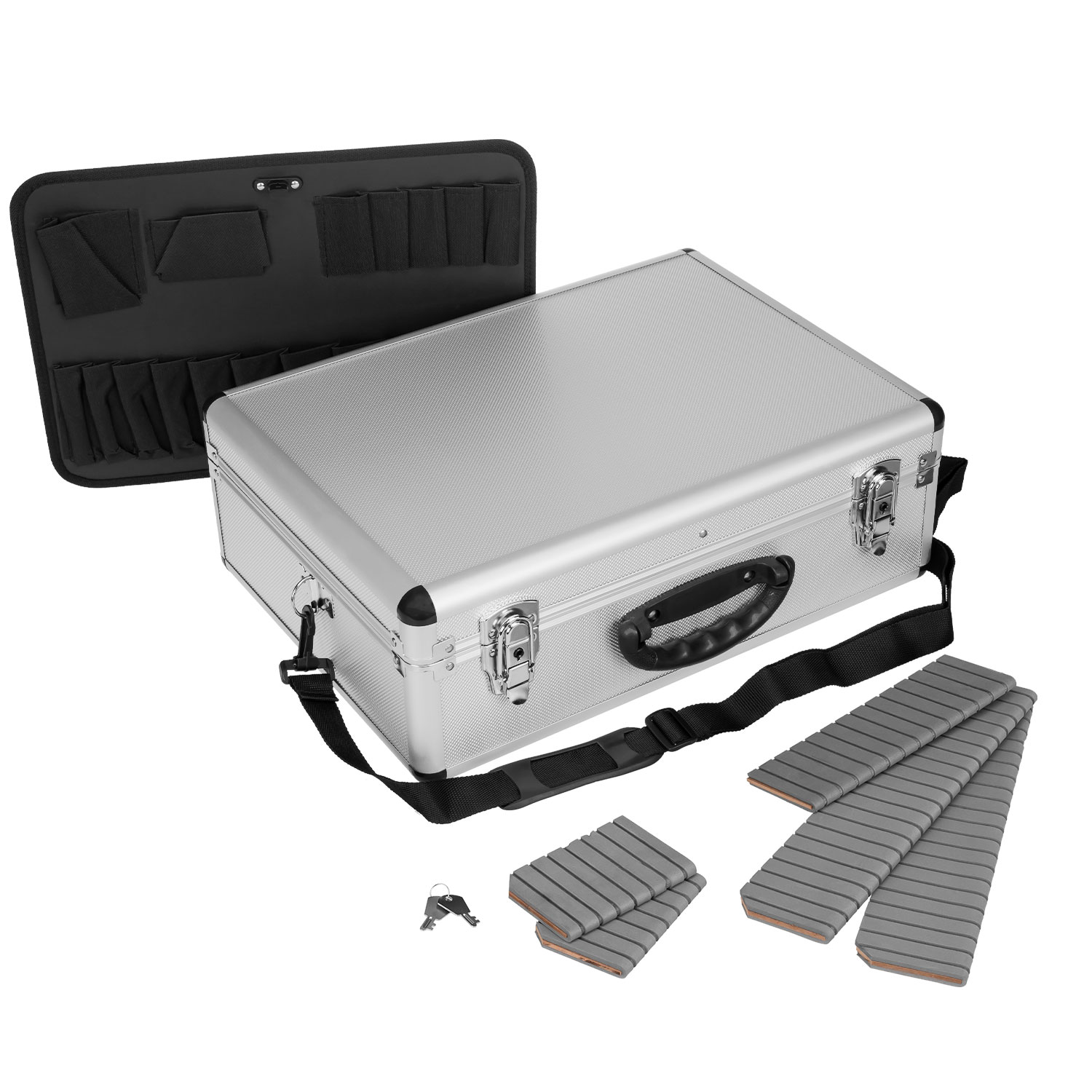 anndora Werkzeugkoffer + Tragegurt + Werkzeugunterteilung im Deckel - Silber- Außenmaße: ca. 46 x 33 x 16 cm