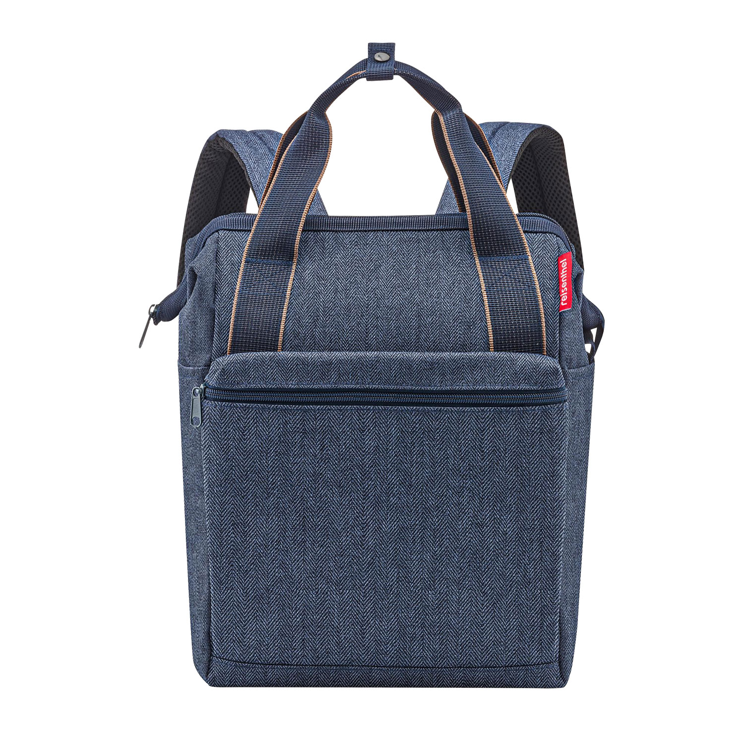 Stilvoller Jeansblauer reisenthel Rucksack und Tasche: Komfortable Träger, Robustes Außenmaterial, Allrounder R für den Täglichen Gebrauch mit Muster und Trolley-Befestigungsoption.