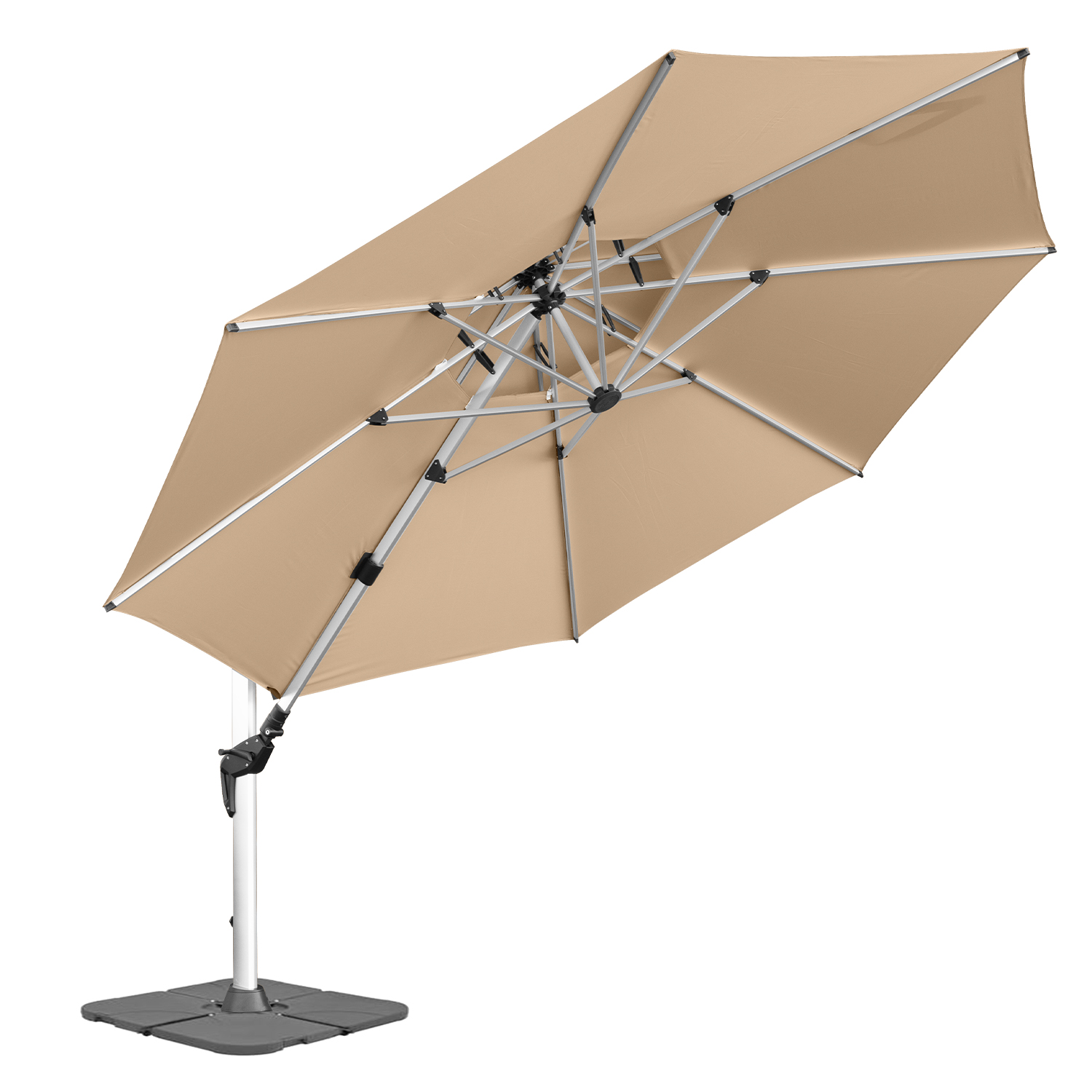 anndora Sonnenschirm 4m Ampelschirm rund dark natural - Sonnenschirm Alu Gestell - Kurbelöffnung - Doppeldach - Sonnenschirm Ständer inklusive + 4 Betonplatten