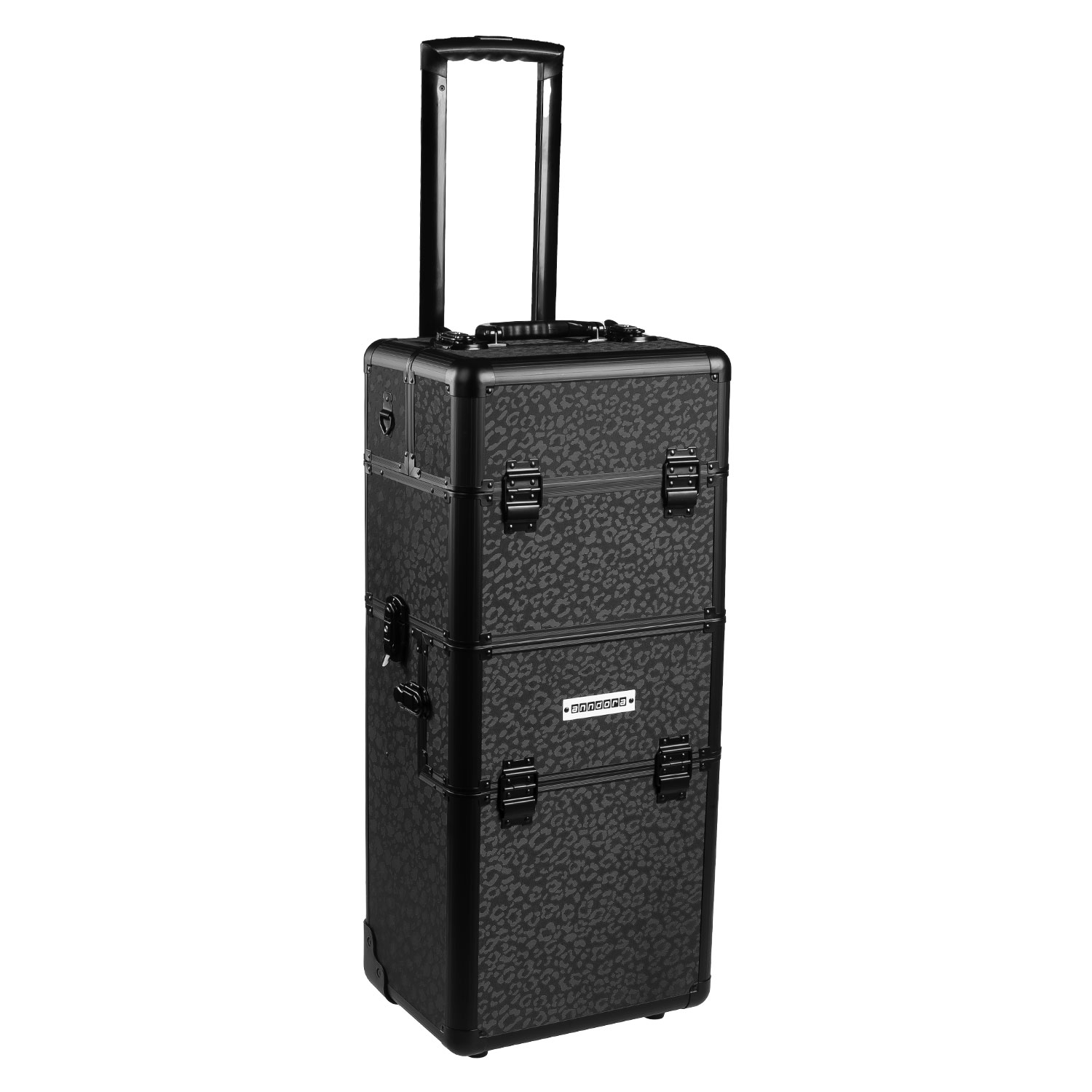 anndora LEO PANTHER schwarz Beauty Trolley –Multikoffer mit Hartschalen Rollkoffer - Schminkoffer mit faltbarem Deckel - Tragegurt und Schlüssel