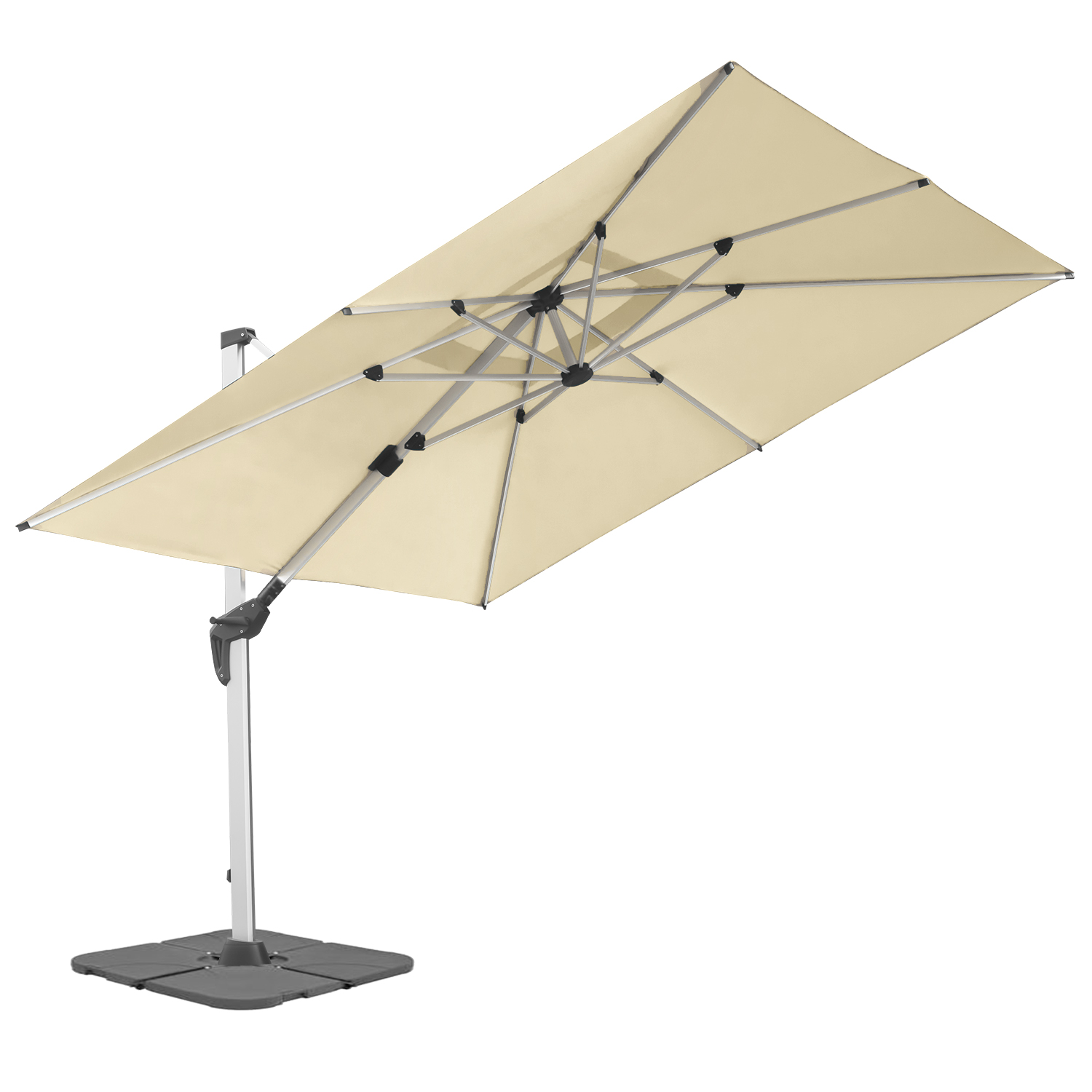 anndora Ampelschirm - 3x3m quadratisch - natural weiß - Gestänge Alu - 360° drehbar senkrecht neigbar handliche Bedienung + 4x Betonplatten