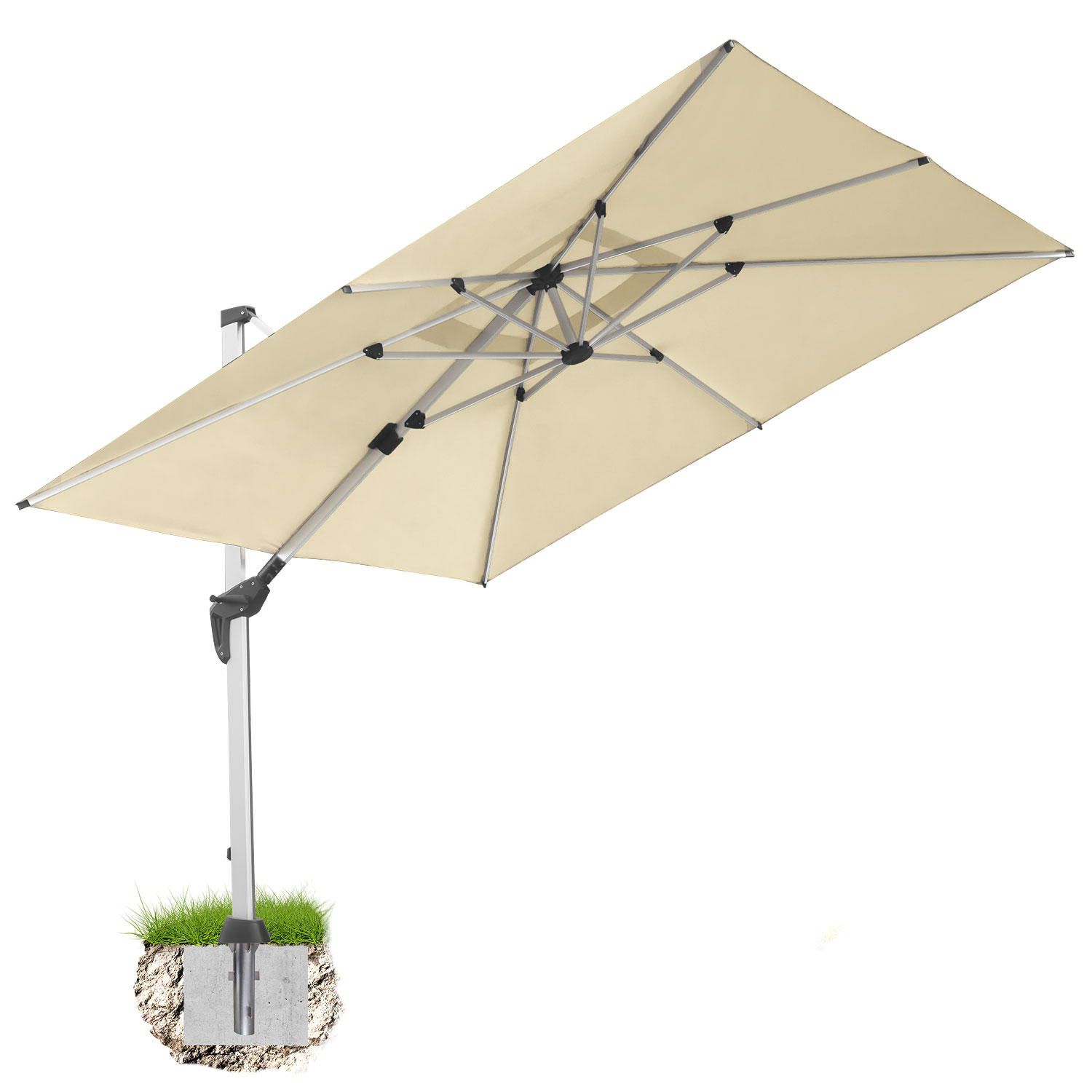 anndora Ampelschirm - 3x3m quadratisch - natural weiß - Gestänge Alu - 360° drehbar senkrecht neigbar - handliche Bedienung inkl. Bodenanker