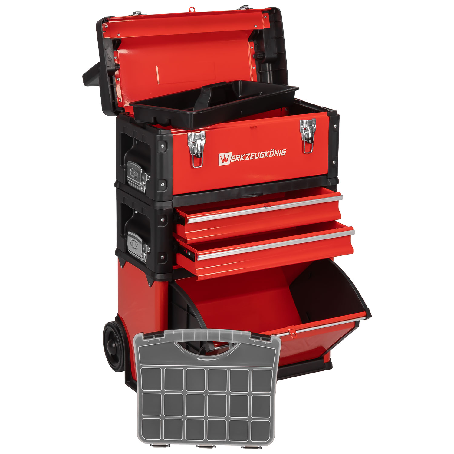 Werkzeugkönig Werkzeugtrolley leer 3 Module Werkzeugwagen Teleskopgriff - rollende Werkstatt 52 × 32 × 72 cm