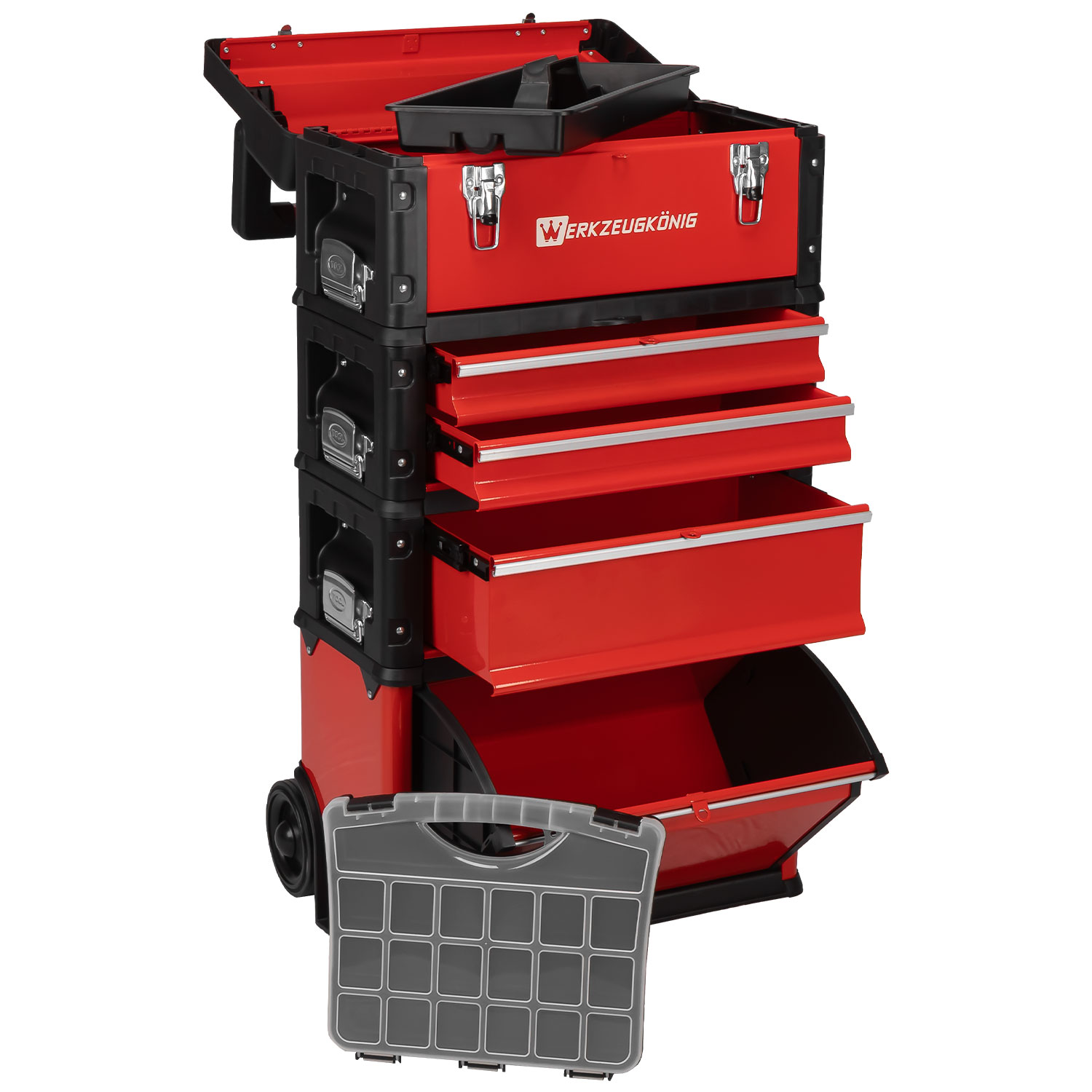 Werkzeugkönig Trolley 4 Module + Räder - kleine und große Schublade mit Einsatz