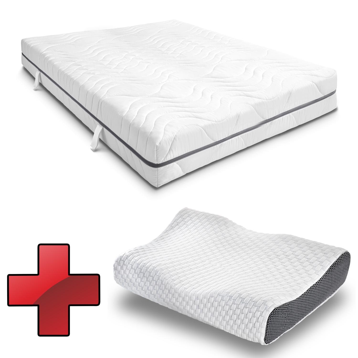 7 Zonen Viskoelastik-Matratze Sleezzz Smart 120 x 200 cm, Höhe 18 cm, Härtegrad H3 mit Air Memoryschaum + Sleezzz Premium orthopädisches Gel-Effekt Nackenstützkissen 32 x 60 cm