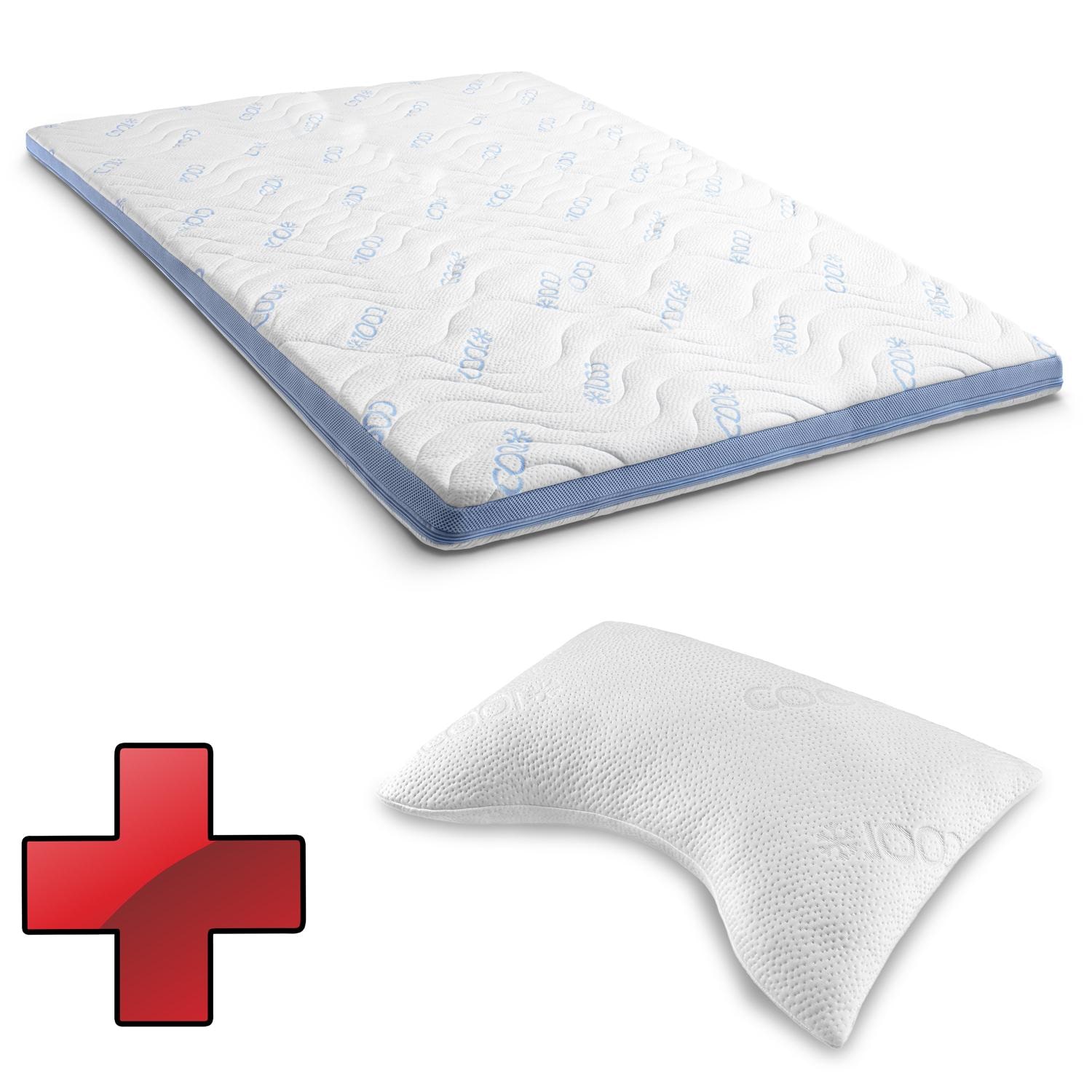 Kaltschaumtopper CloudComfort Cool 160 x 200 cm H2/H3, Höhe 7 cm, Härtegrad H2/H3, 7-Zonen Topper mit Sommer- und Winterseite + Sleezzz® Cool Gel-Schaum Kontur Nackenstützkissen 40 x 60 x 16 cm