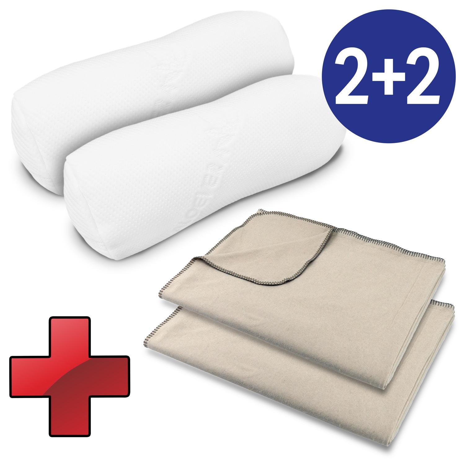 Reiseset bestehend aus: 2 x Knie- und Nackenrolle Visko 40 x 15 cm + 2 x Sleezzz® Smart Kuscheldecke 150 x 200 cm