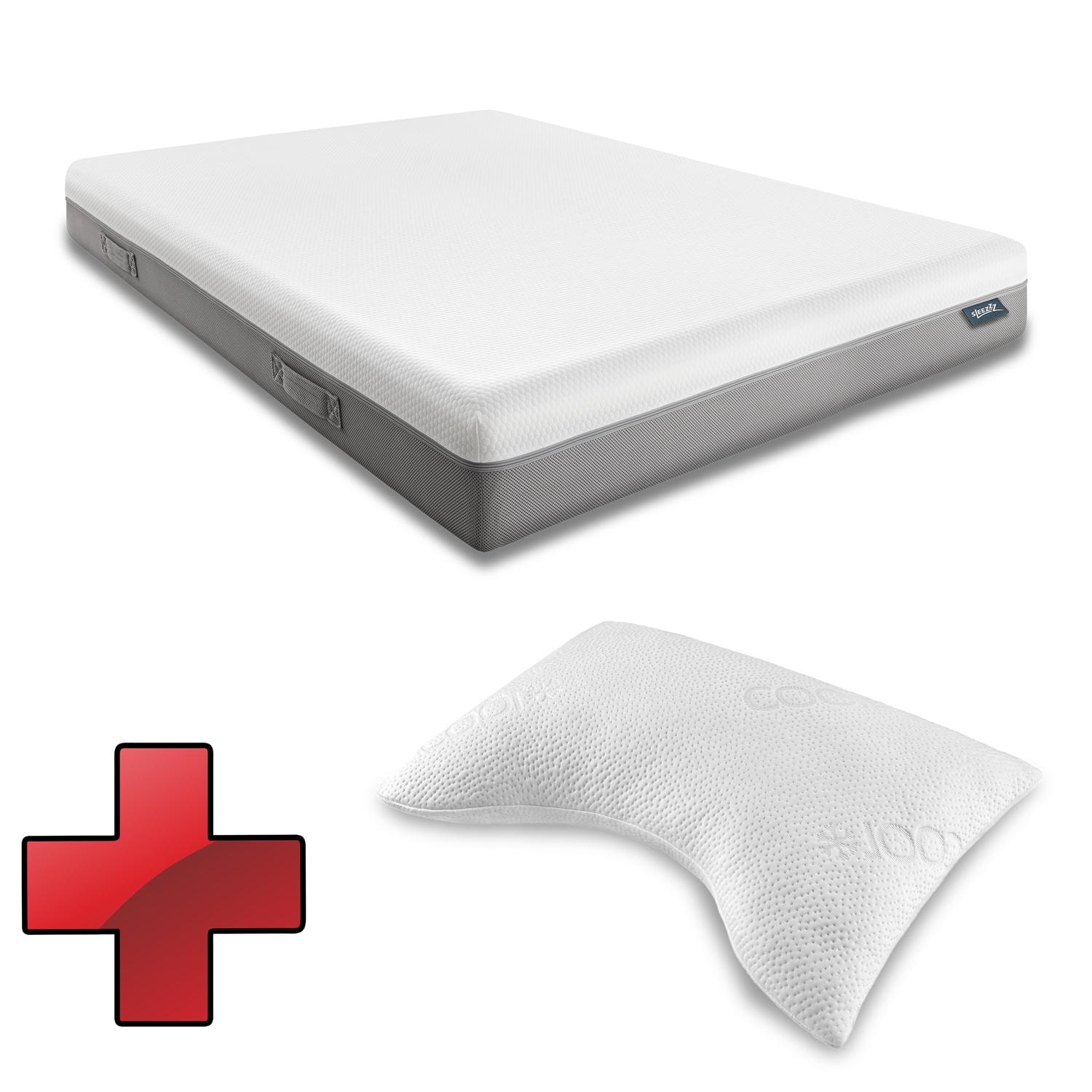 Viskoelastik-Matratze Sleezzz Premium 140 x 200 cm, Höhe 20 cm, Härtegrad H2/H3, mit Wendegriffen + Sleezzz® Cool Gel-Schaum Kontur Nackenstützkissen 40 x 60 x 16 cm